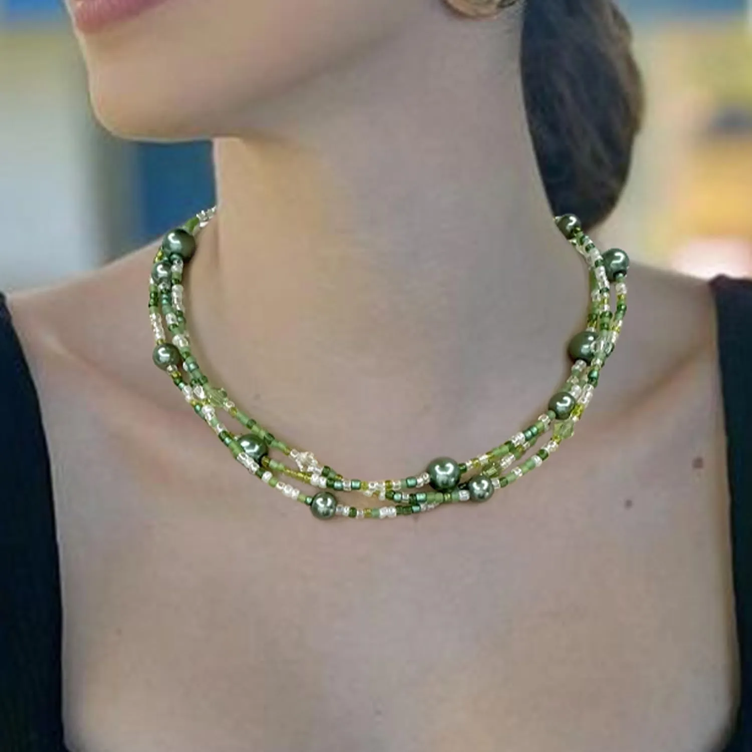 S.J JEWELRY Multi Strand Beaded Necklaces for Women Colorful Beaded Necklace Boho Necklaces for Women Summer Beach Necklace Pearl Choker Layered Necklace