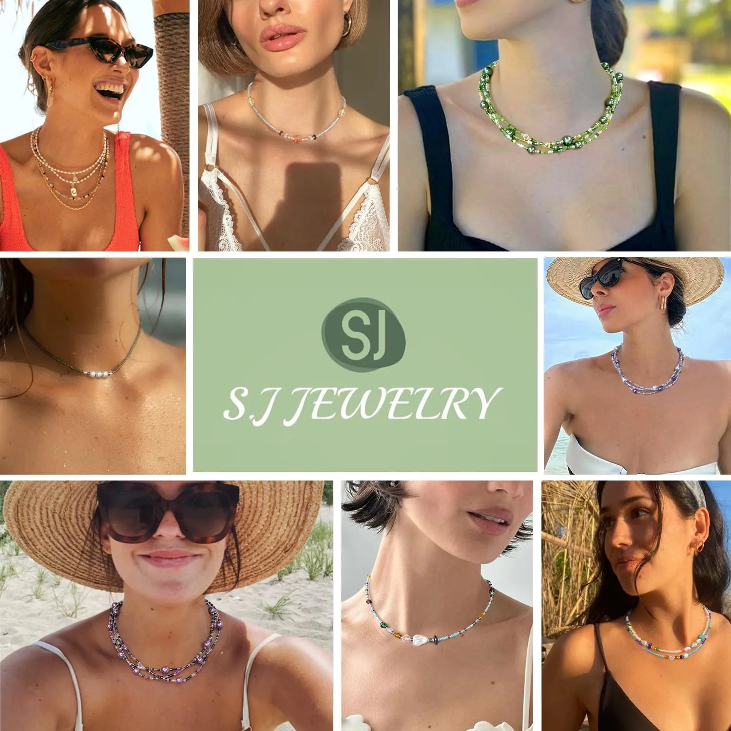 S.J JEWELRY Multi Strand Beaded Necklaces for Women Colorful Beaded Necklace Boho Necklaces for Women Summer Beach Necklace Pearl Choker Layered Necklace