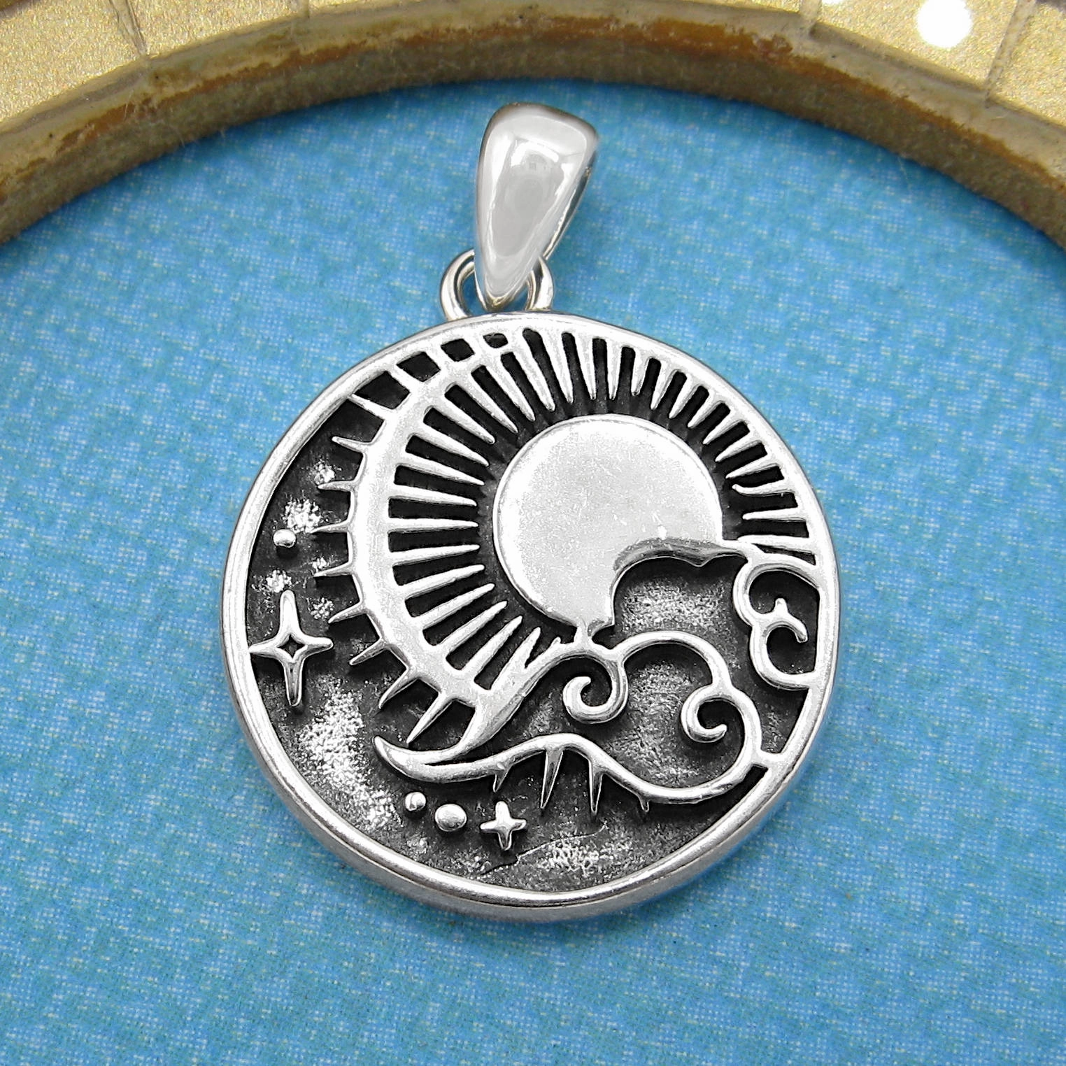 Layerable Accessory Sky Pendant with Radiant Sun, Crescent Moon, Stars, and Clouds. Oxidized