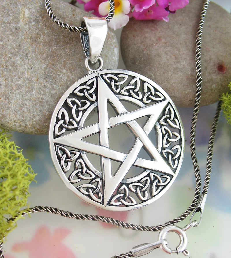 Self Piece Pentagram Pendant with Border of Tiny Triquetra Knots