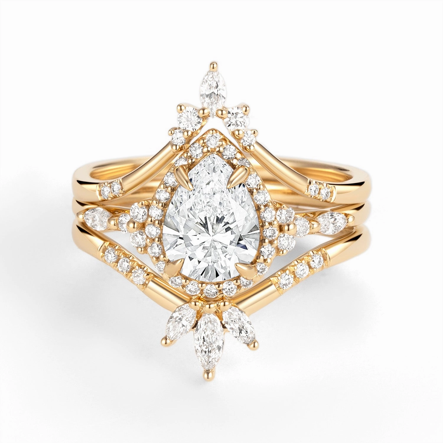 Halo Pear Lab Grown Diamond Engagement Ring Sets 3pcs Close Detail Personalized Craft