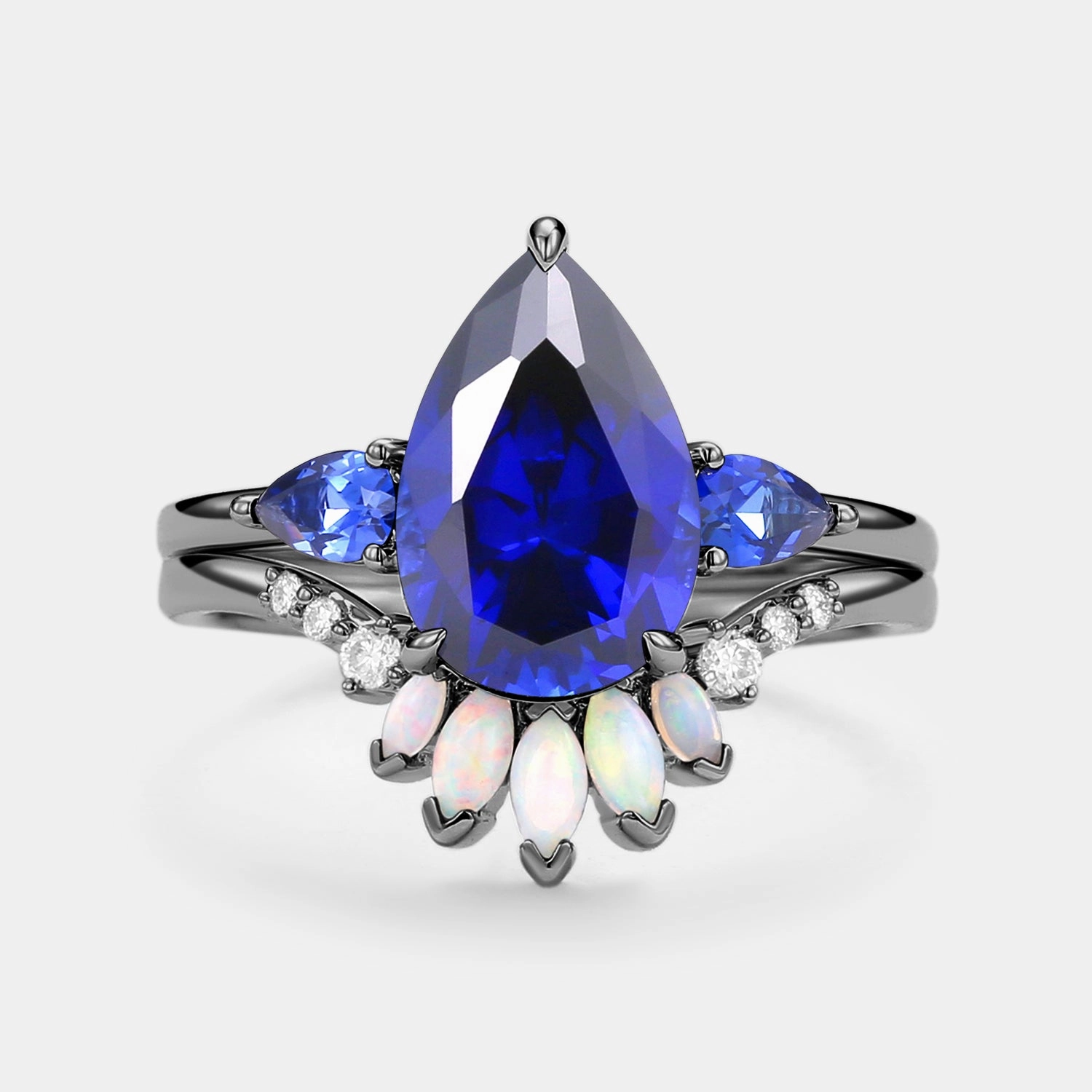 Precious Gifts Flawless Style Pear Shaped Sapphire & Opal Three-stone Ring Set 2pcs