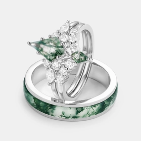 Ethereal Mood Twin Flames - Kite Cut Unique Moss Agate Engagement Couple Ring Set 3pcs - Zoey
