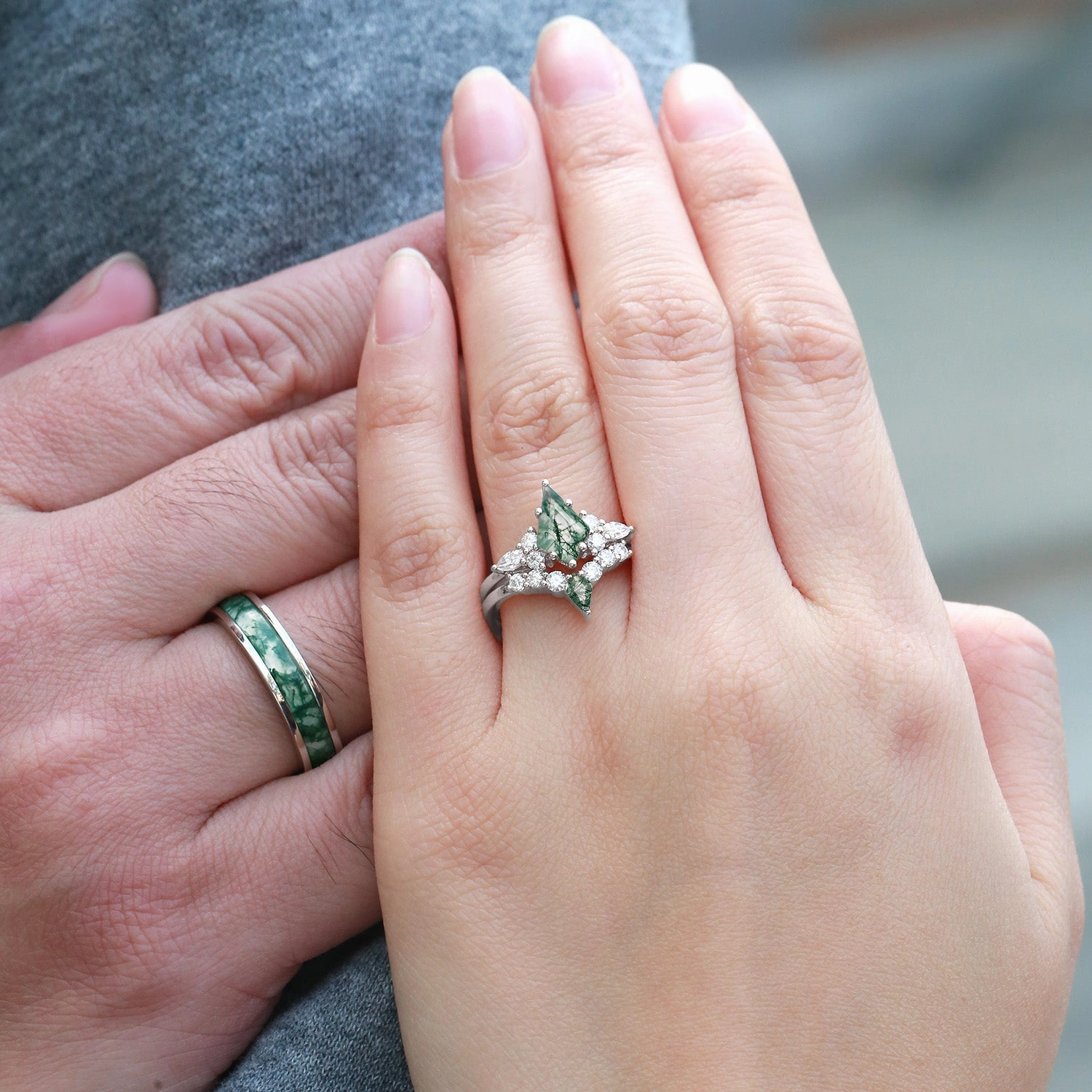 Cool Contrast Textured Detail Twin Flames - Kite Cut Unique Moss Agate Engagement Couple Ring Set 3pcs - Zoey
