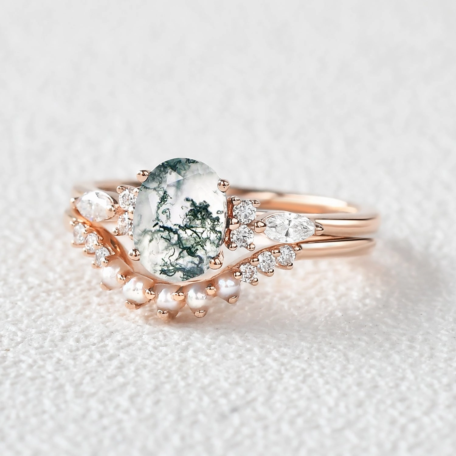 Chic Flair Fashion Forward 1.5ct Oval Cut Moss Agate & Pearl Engagement Ring Set 2pcs