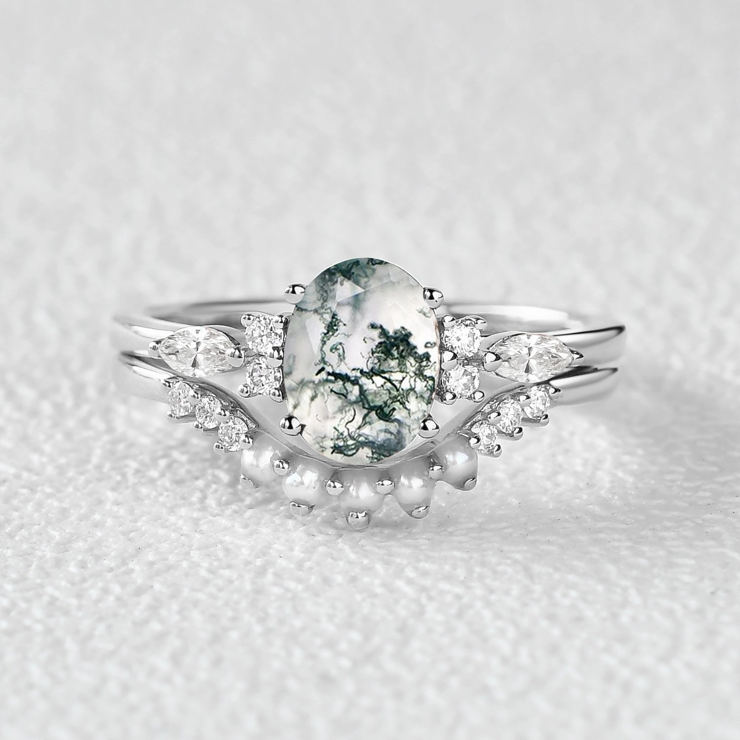 Special Accent Personalized Style 1.5ct Oval Cut Moss Agate & Pearl Engagement Ring Set 2pcs