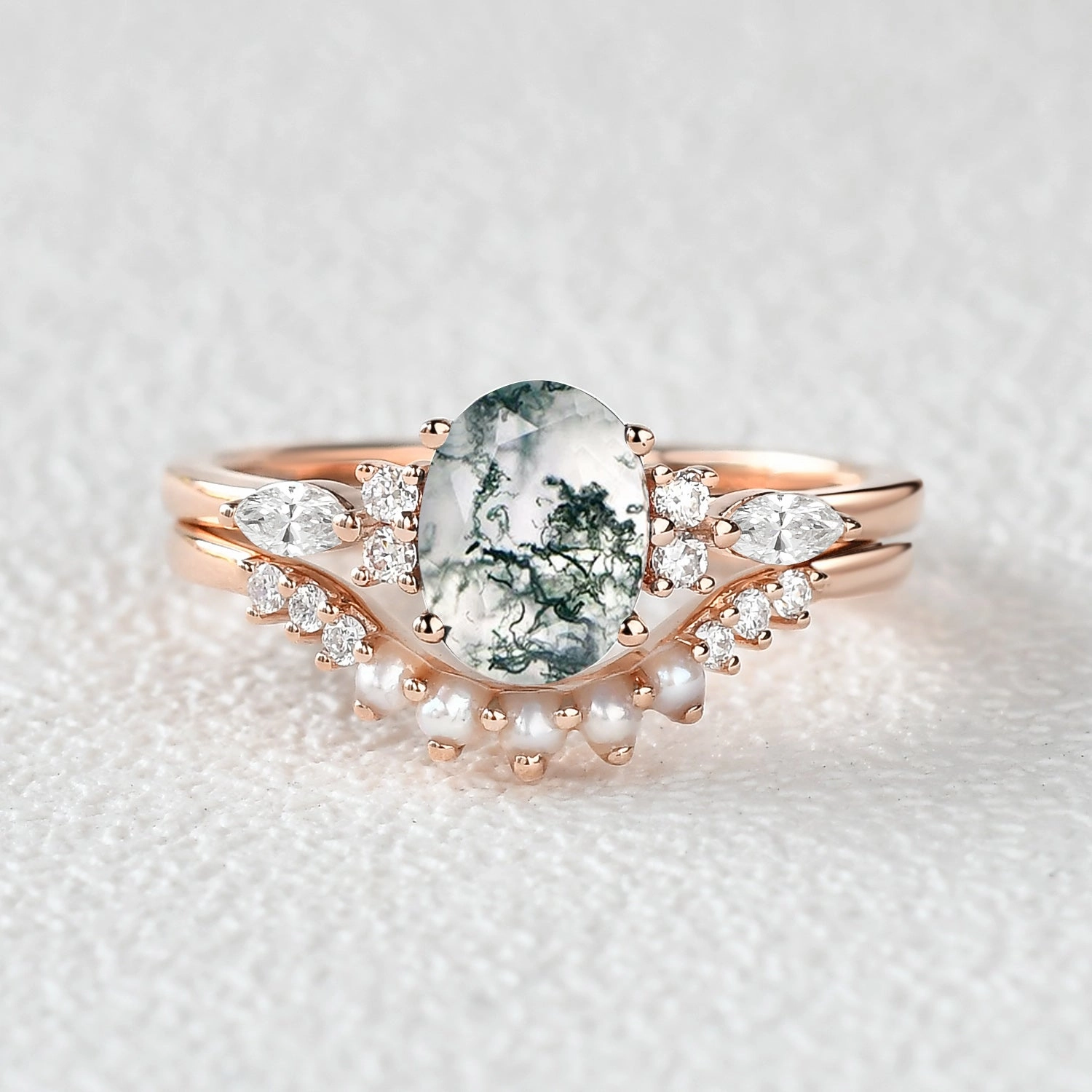 Natural Finish 1.5ct Oval Cut Moss Agate & Pearl Engagement Ring Set 2pcs