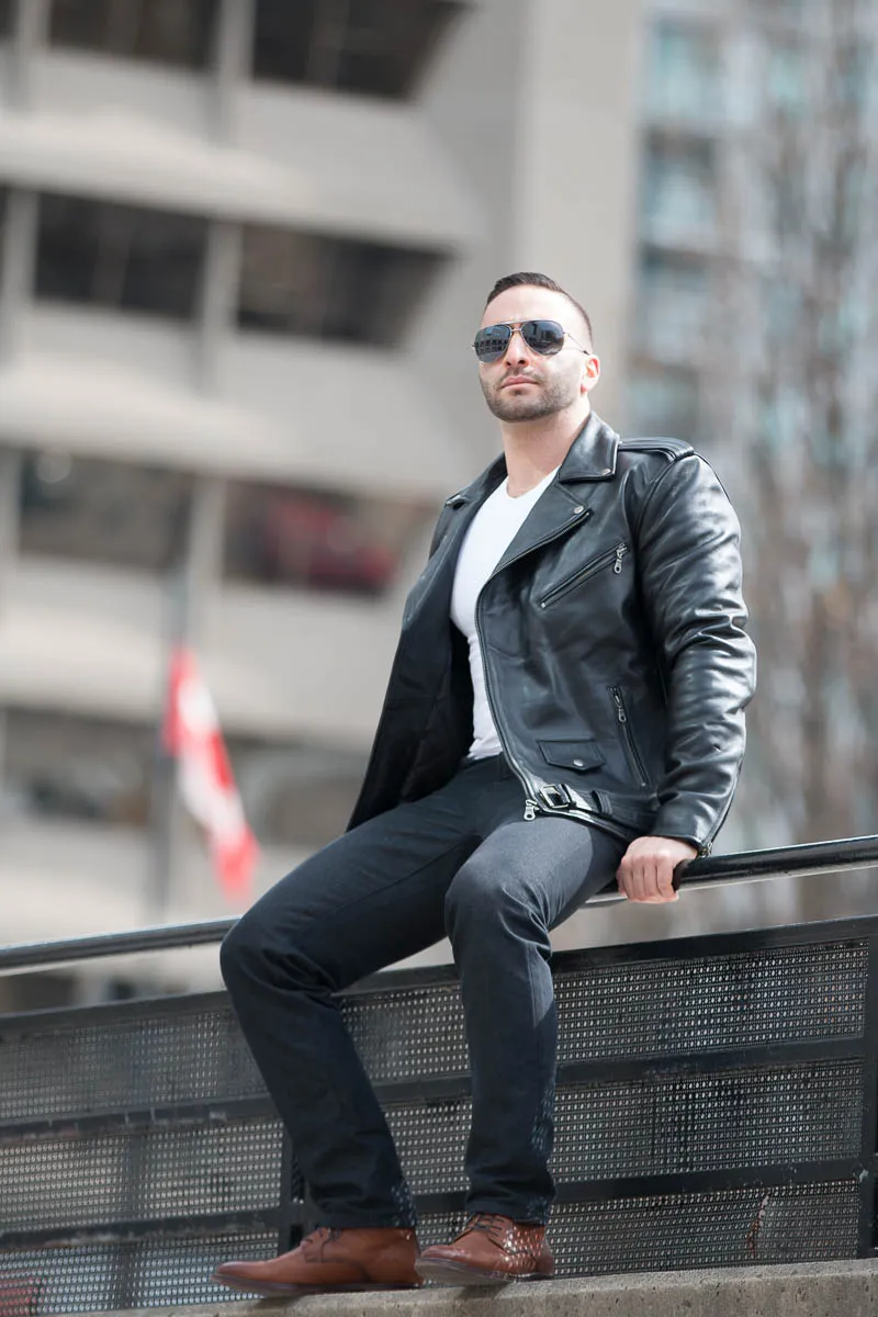 Slim fit biker style jacket with belt