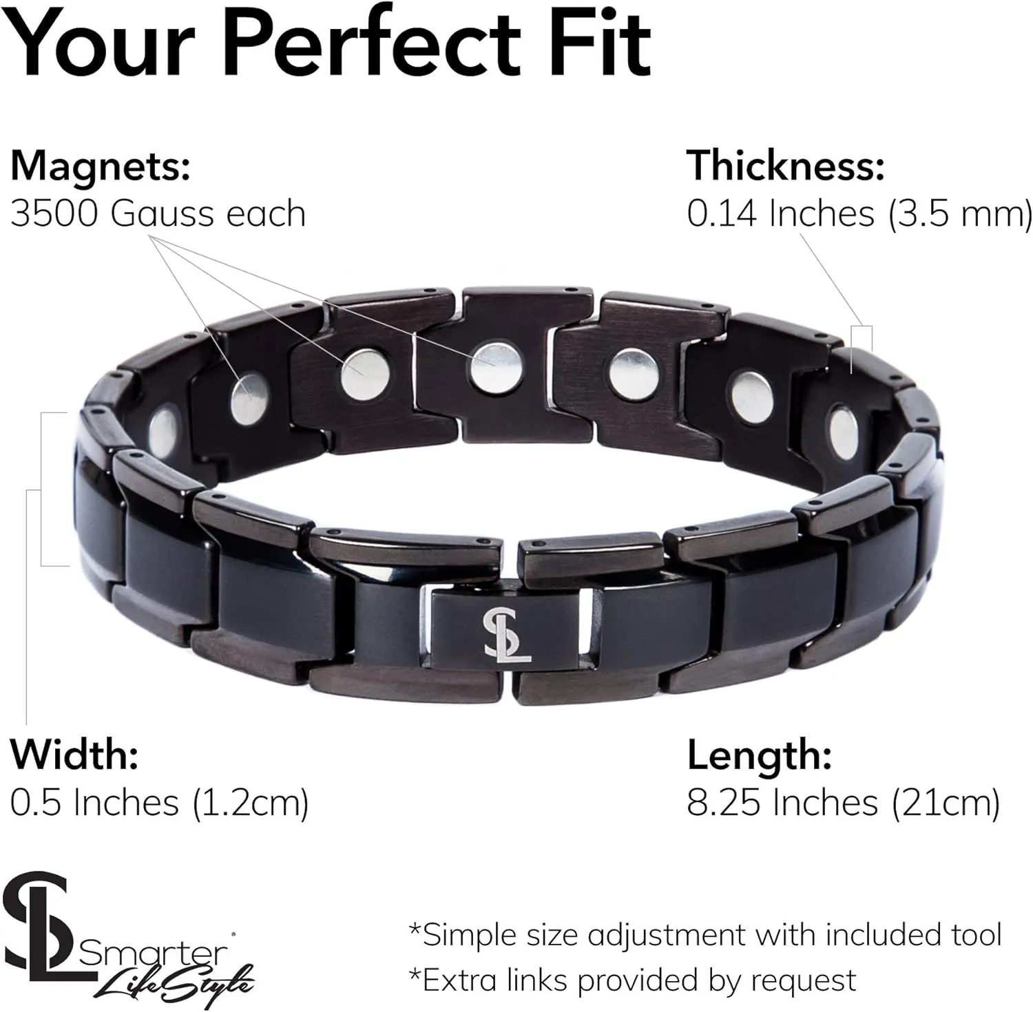 Smarter LifeStyle Elegant Titanium Magnetic Bracelet for Men and Women- Adjustable Bracelet Length with Sizing Tool for Perfect Fit, Women Mens Bracelet (Black)
