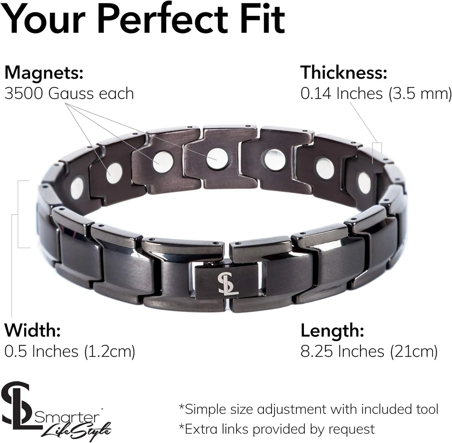Smarter LifeStyle Elegant Titanium Magnetic Bracelet for Men and Women- Adjustable Bracelet Length with Sizing Tool for Perfect Fit, Women Mens Bracelet (Gunmetal Gray)