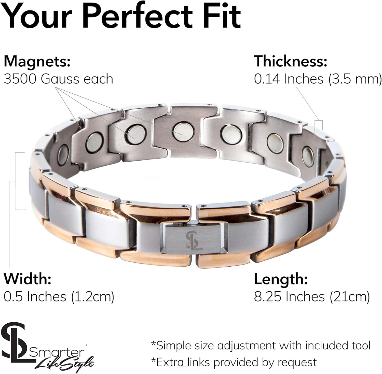 Smarter LifeStyle Elegant Titanium Magnetic Bracelet for Men and Women- Adjustable Bracelet Length with Sizing Tool for Perfect Fit, Women Mens Bracelet (Silver & Rose Gold)