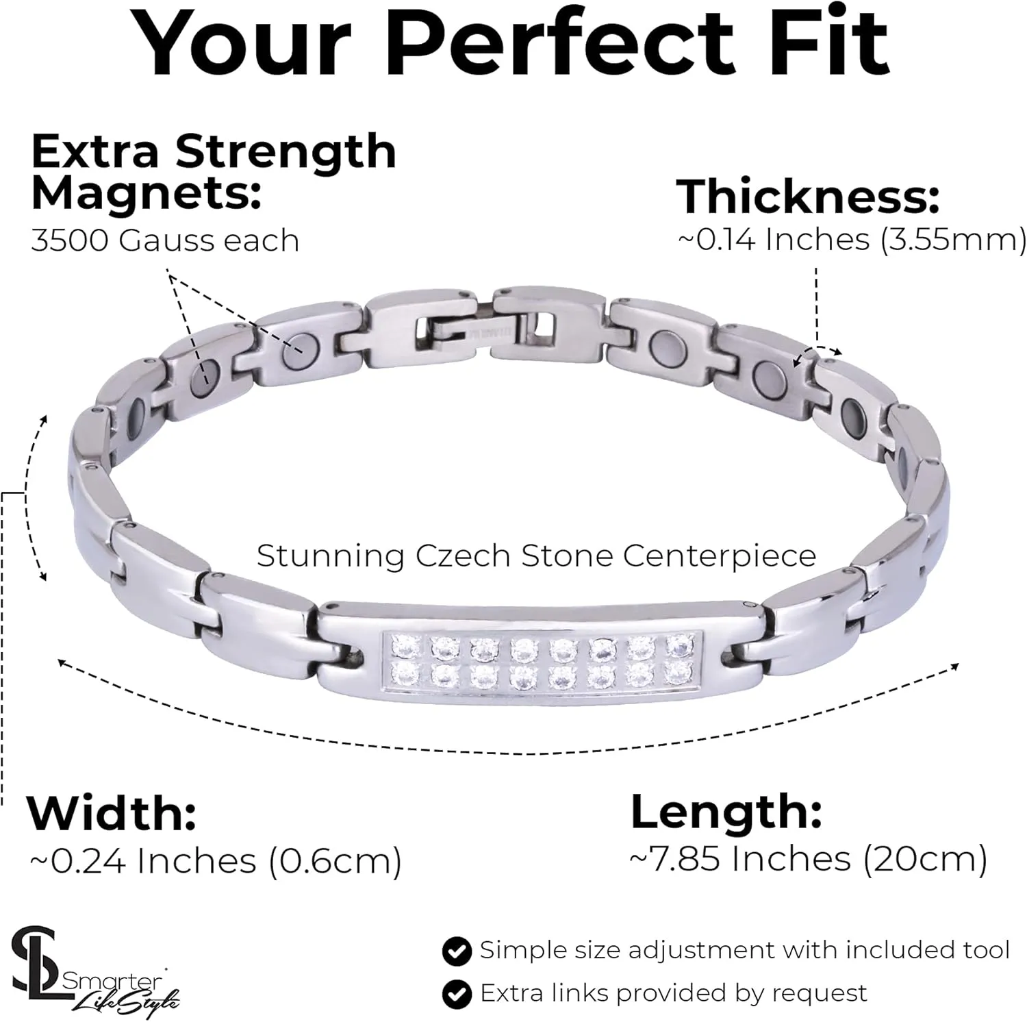 Smarter LifeStyle Sparkling Titanium Magnetic Bracelet for Women - Adjustable Bracelet Length with Sizing Tool for Perfect Fit, Womens Magnetic Bracelet