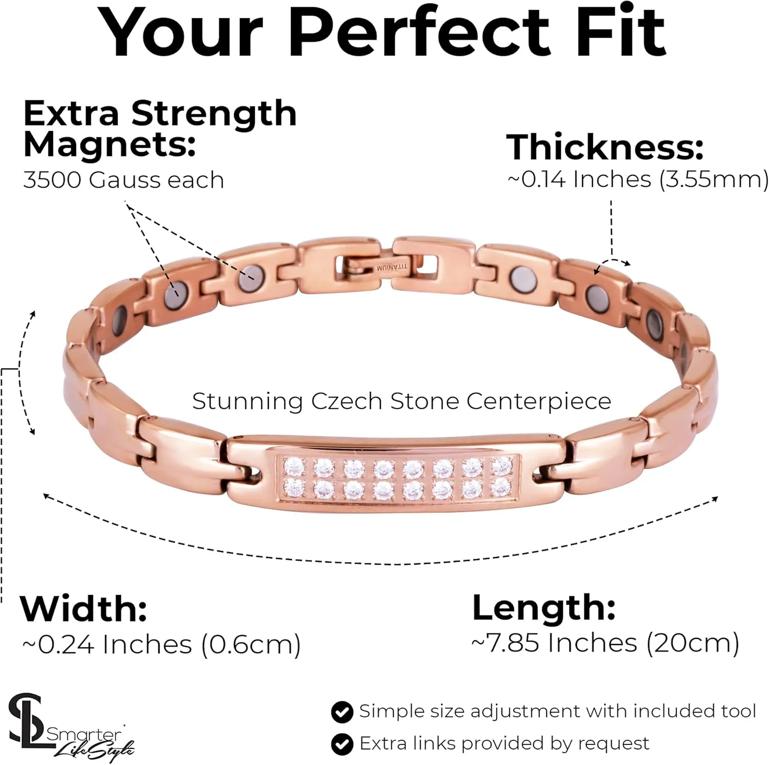 Smarter LifeStyle Sparkling Titanium Magnetic Bracelet for Women - Adjustable Bracelet Length with Sizing Tool for Perfect Fit, Womens Magnetic Bracelet