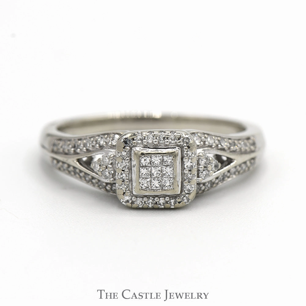 Invisiset Princess Cut Diamond Cluster Engagement Ring with Diamond Halo & Accents in 10k White Gold Split Shank Vintage Memento Weekend Look