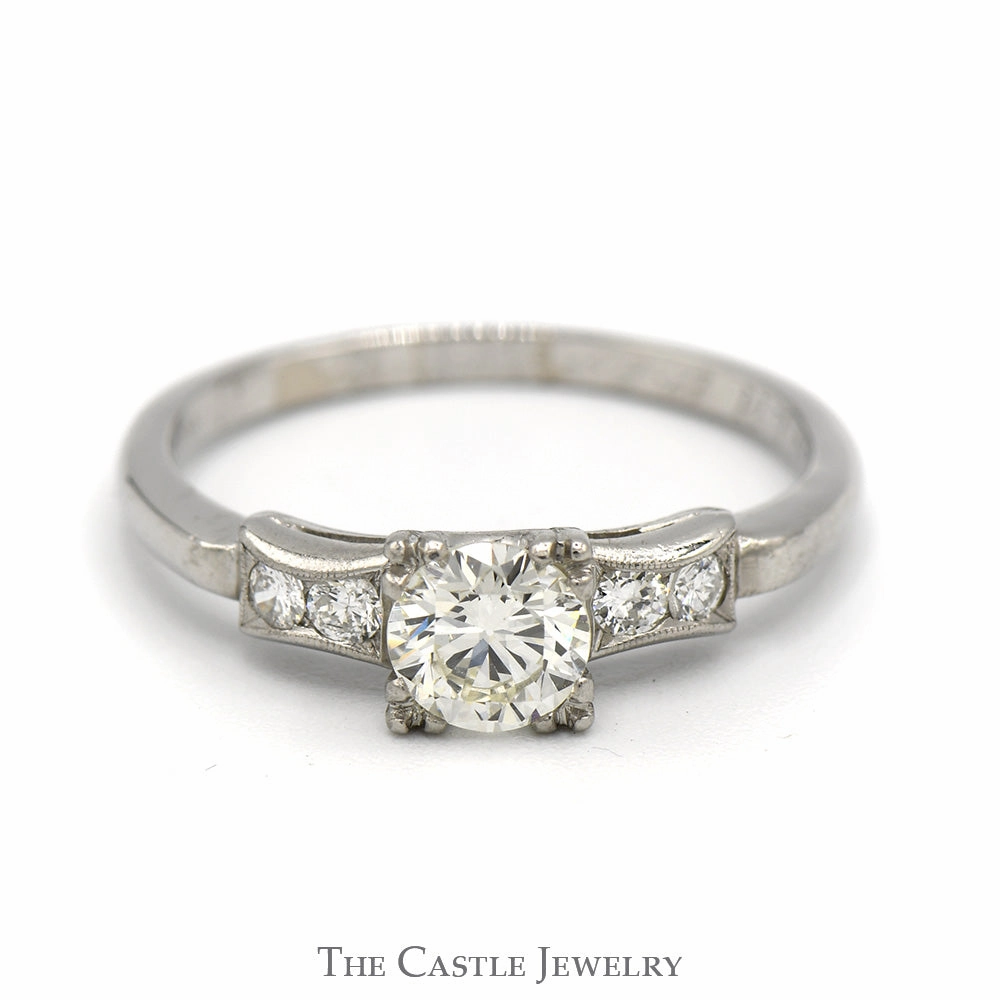 Vintage Round Transitional Cut Diamond Engagement Ring with Diamond Accents in Platinum Secure Design
