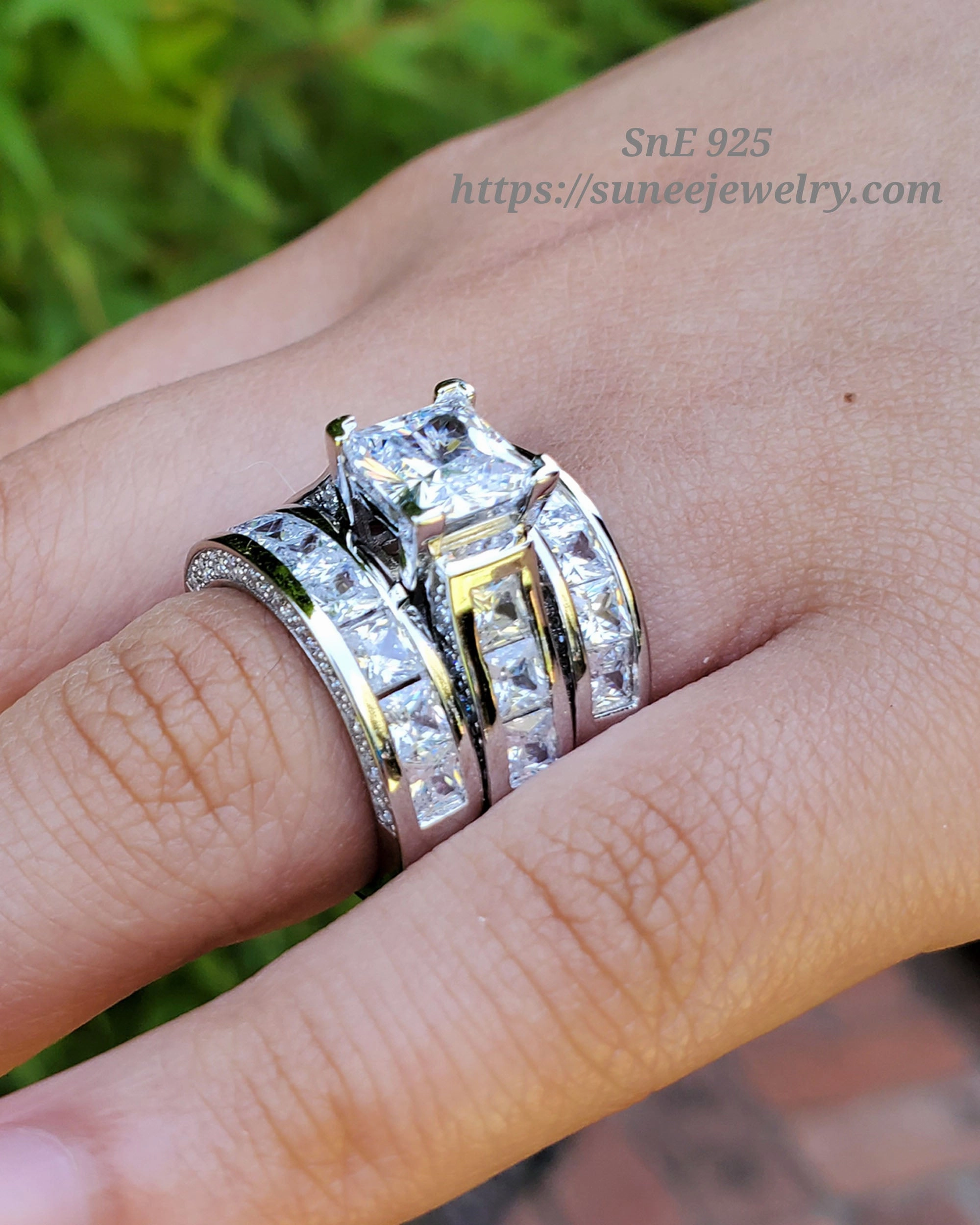 6.01ct Princess Cut with 2 Bands Bridal Wedding Engagement Ring Diamond Simulated 925 Sterling Silver Anniversary Ring SKU:00146 Strong Art Fresh Detail