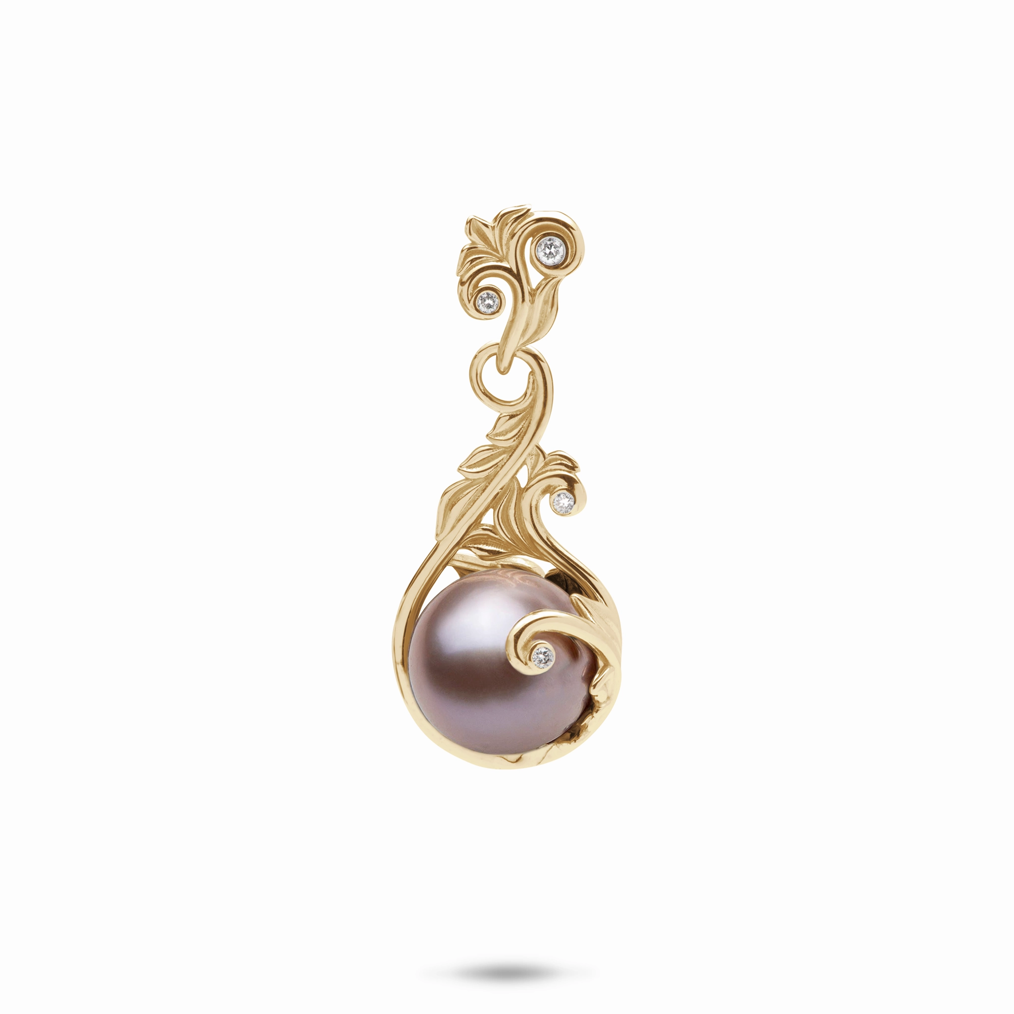 Casual Gift Layered Texture Living Heirloom Lavender Freshwater Pearl Pendant in Gold with Diamonds - 9-10mm