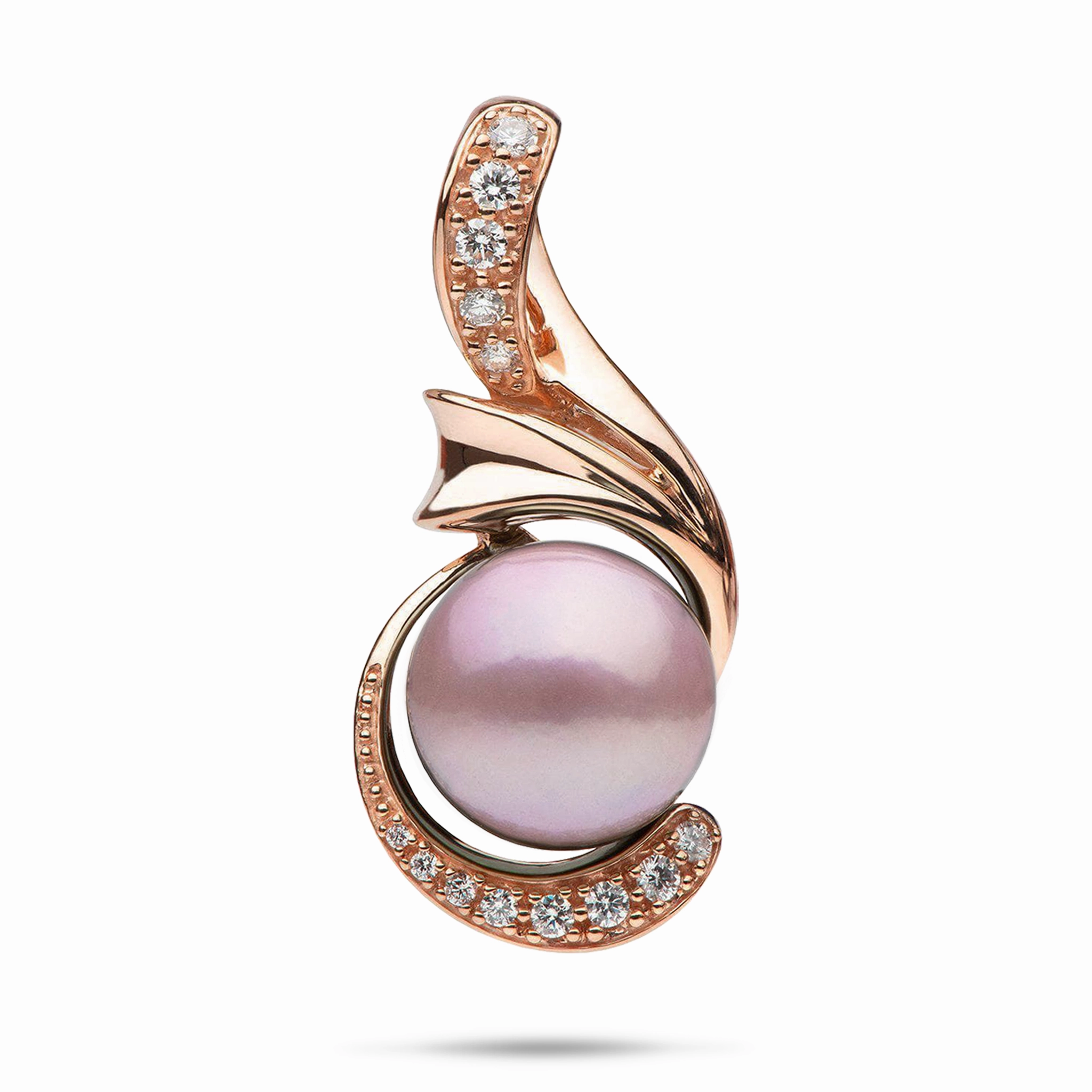 Lilac Freshwater Pearl Pendant in Rose Gold with Diamonds - 14-15mm Fresh Pair