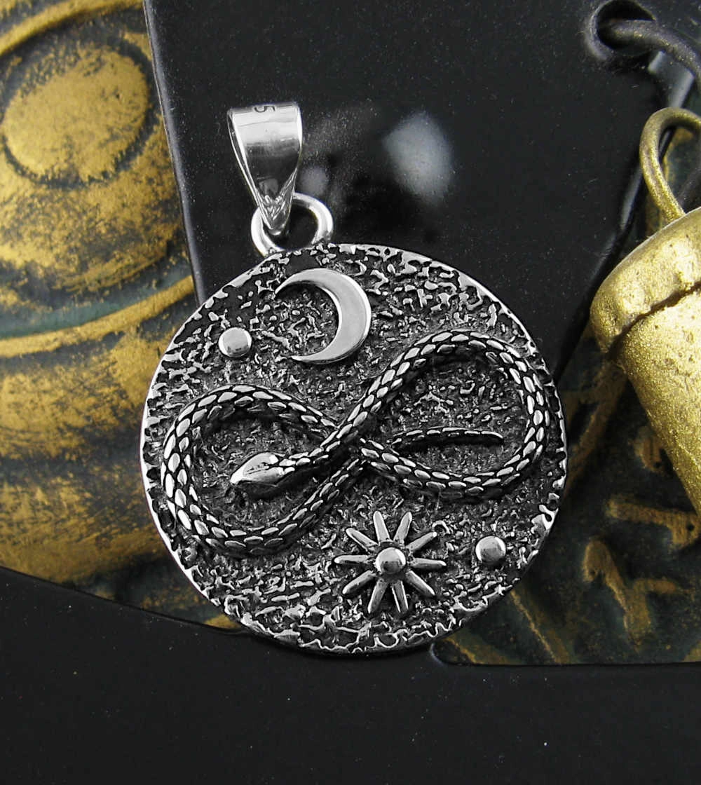 Outdoor Present Snake Infinity Symbol Pendant With Moon & Sun, Oxidized