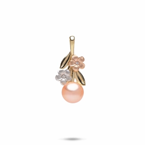 Pearls in Bloom Plumeria Peach Freshwater Pearl Pendant in Tri Color Gold with Diamonds Evening Style Glam Day