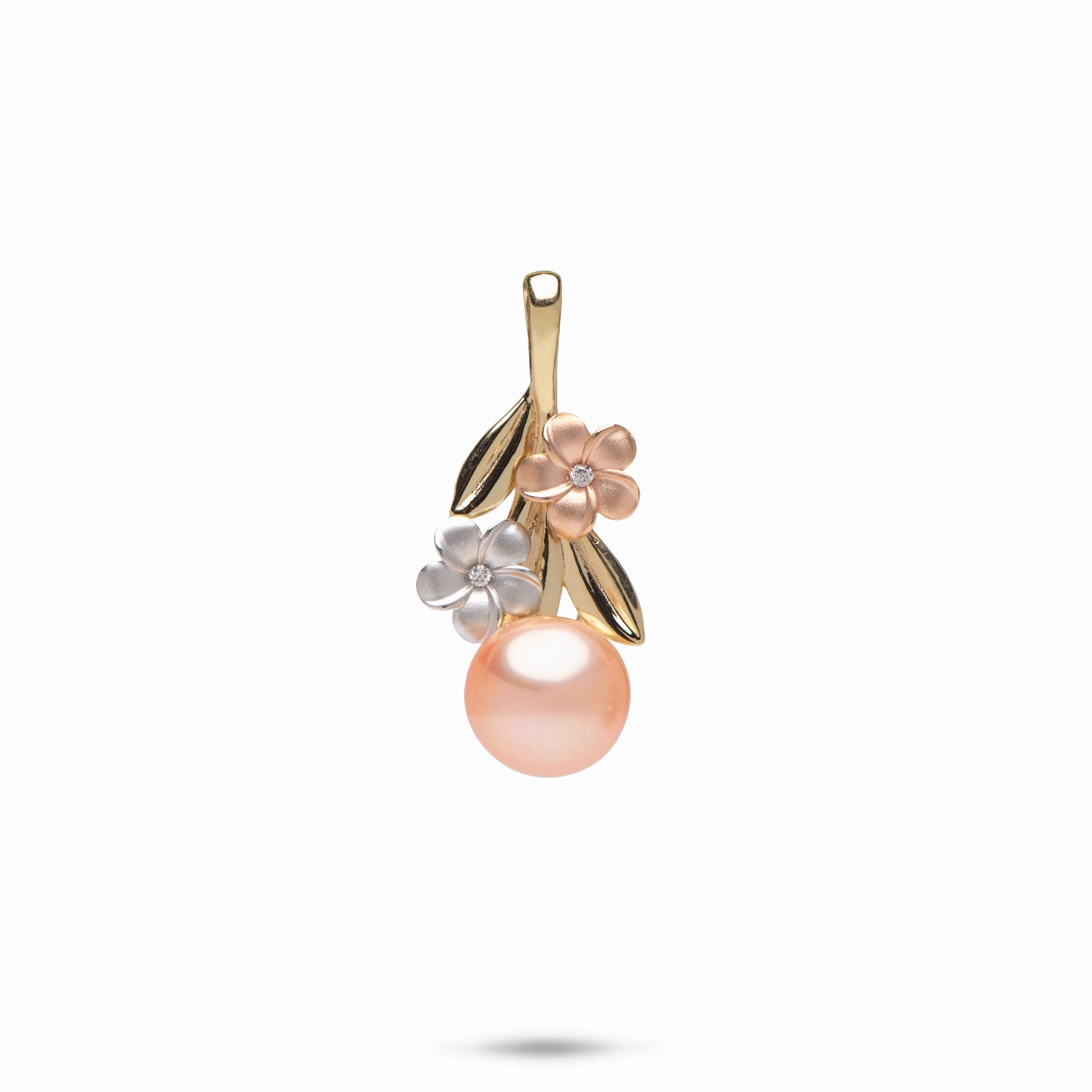 Pearls in Bloom Plumeria Peach Freshwater Pearl Pendant in Tri Color Gold with Diamonds Evening Style Glam Day