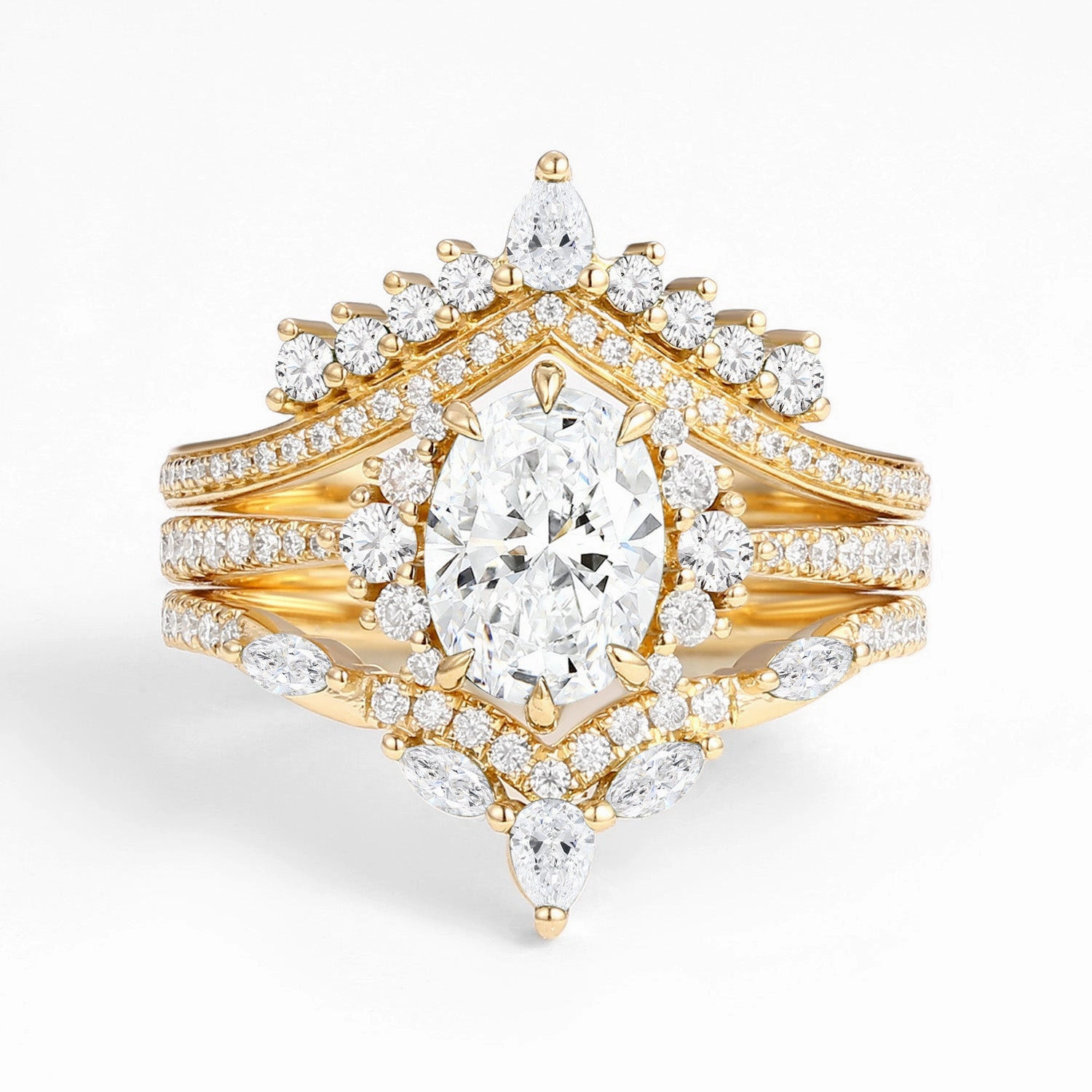 Unique Oval Cut Lab Grown Diamond Halo Engagement Ring Set 3pcs - Ethan Glam Night Layered Texture