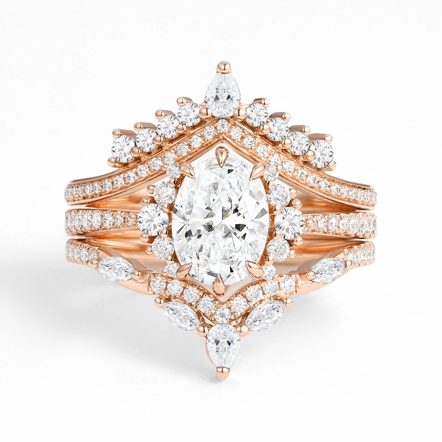 Retro Inspired Romantic Feel Unique Oval Cut Lab Grown Diamond Halo Engagement Ring Set 3pcs - Ethan