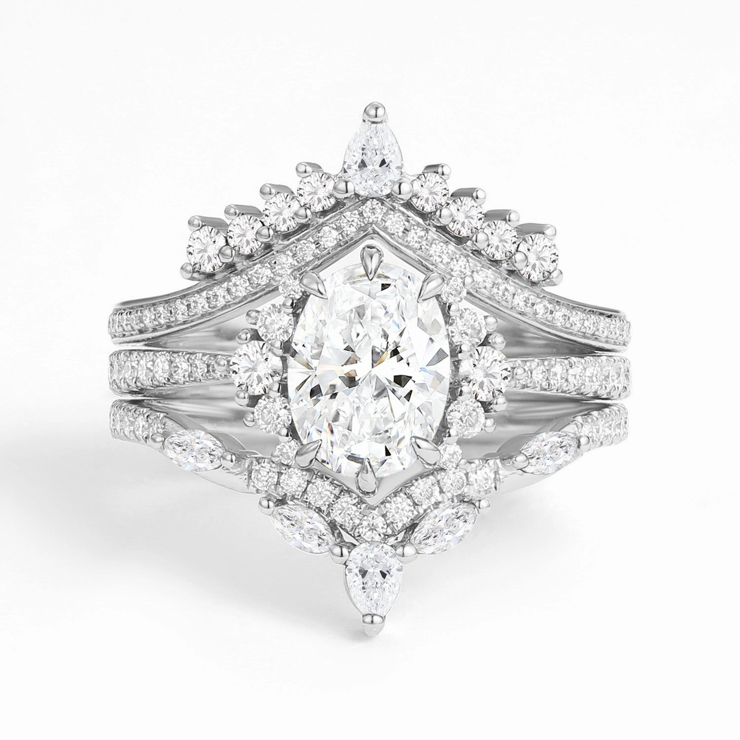 Unique Oval Cut Lab Grown Diamond Halo Engagement Ring Set 3pcs - Ethan Lifestyle Match Gloss Appeal