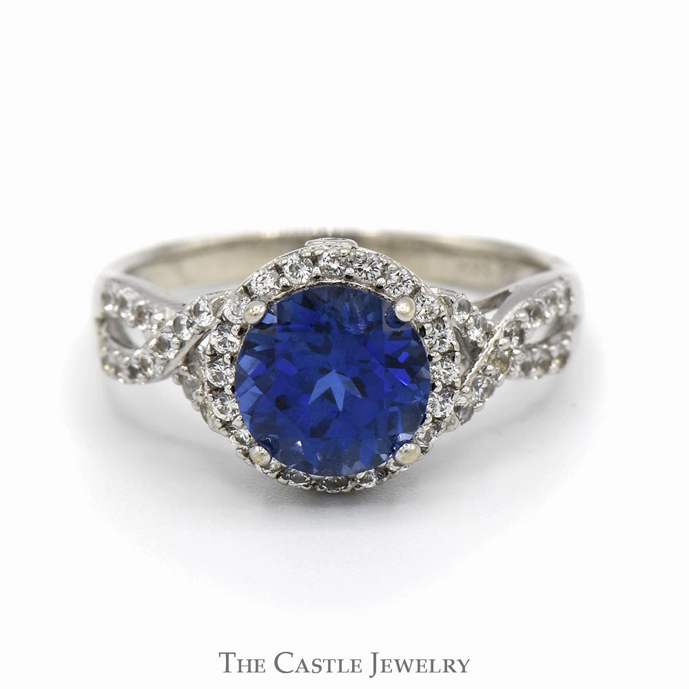 Artisan Craft Round Created Sapphire Ring with White Sapphire Halo and Accents in 14k White Gold