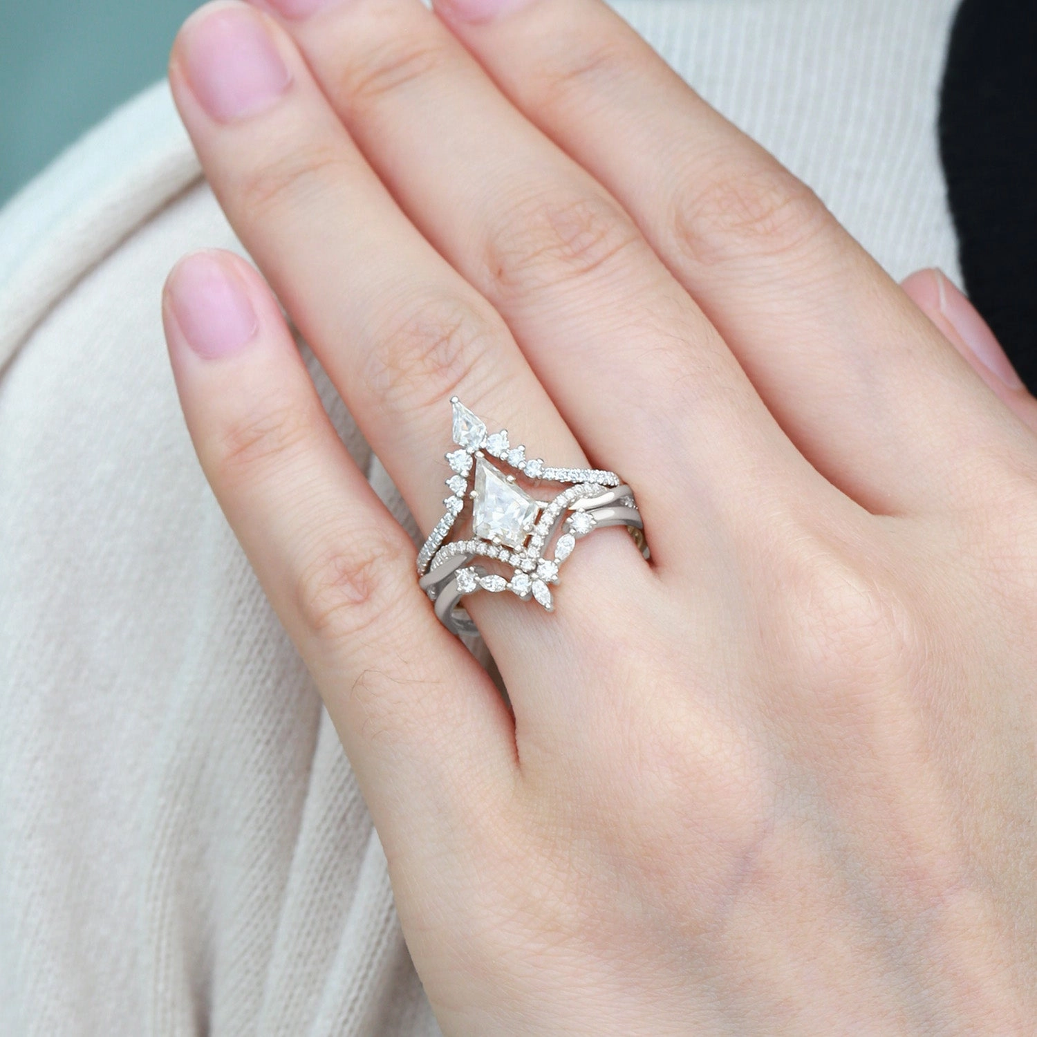 Kite Cut White Gold Moissanite Luxurious Engagement Bridal Set 3pcs Gleaming Finish