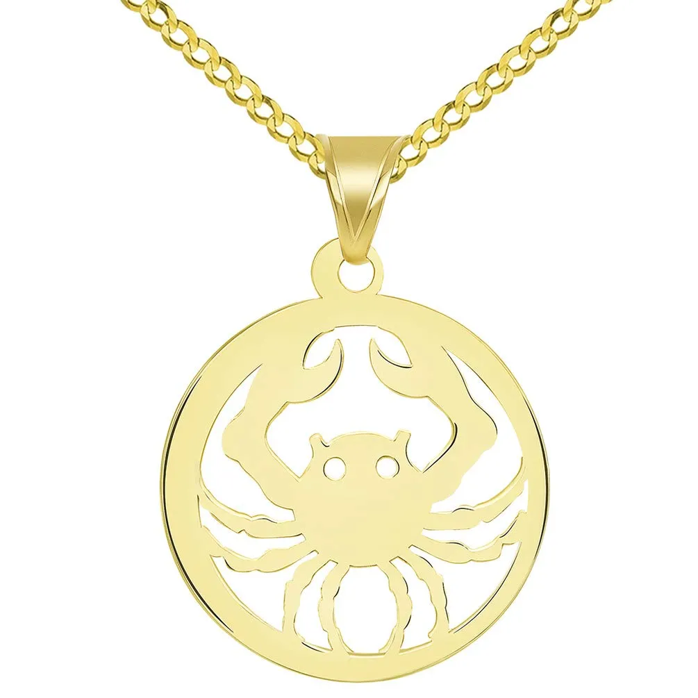 Solid 14k Yellow Gold Dainty Round Cancer Zodiac Sign Crab Disc Pendant with Cuban Chain Necklace
