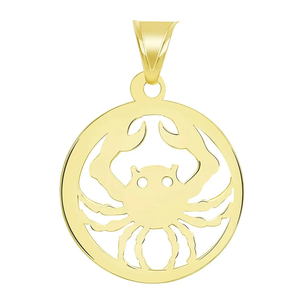 Solid 14k Yellow Gold Dainty Round Cancer Zodiac Sign Crab Disc Pendant with Cuban Chain Necklace