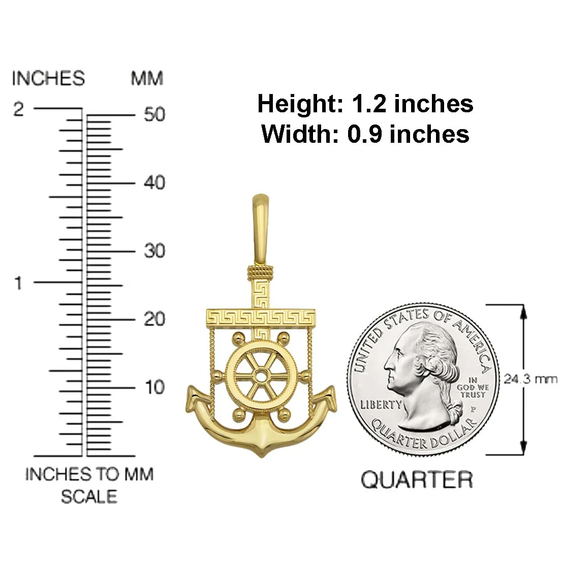 Solid 14k Yellow Gold Greek Key Anchor Pendant with Cuban Curb or Figaro Chain Necklace