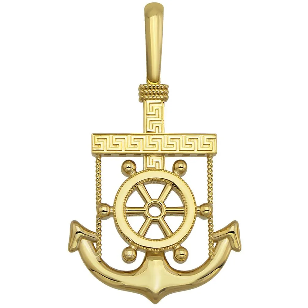 Solid 14k Yellow Gold Greek Key Anchor Pendant with Cuban Curb or Figaro Chain Necklace