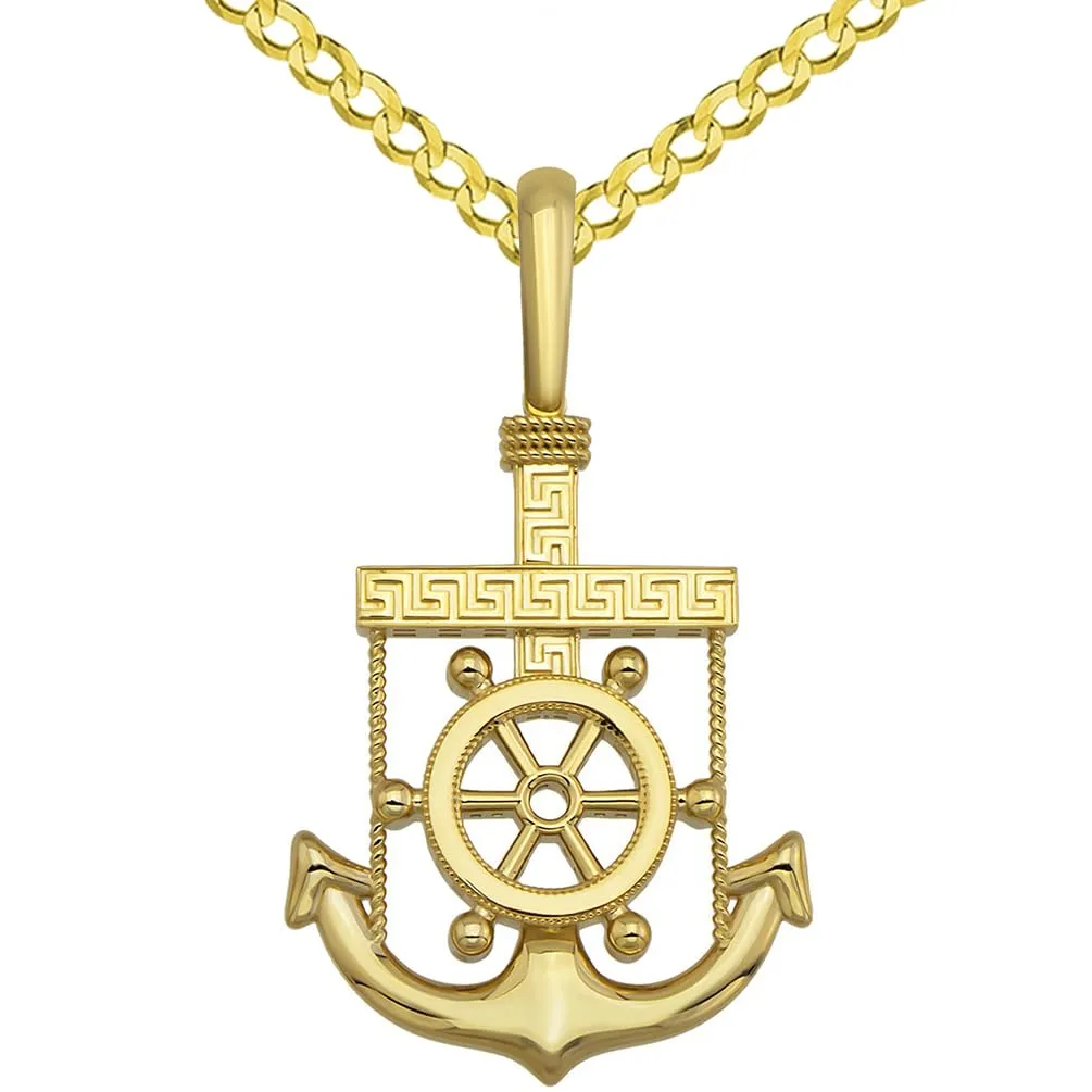 Solid 14k Yellow Gold Greek Key Anchor Pendant with Cuban Curb or Figaro Chain Necklace