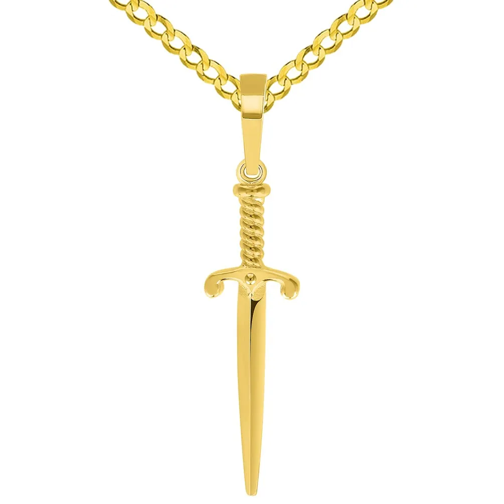 Solid 14k Yellow Gold Long Dagger Sword Pendant with Cable, Curb, or Figaro Chain Necklaces