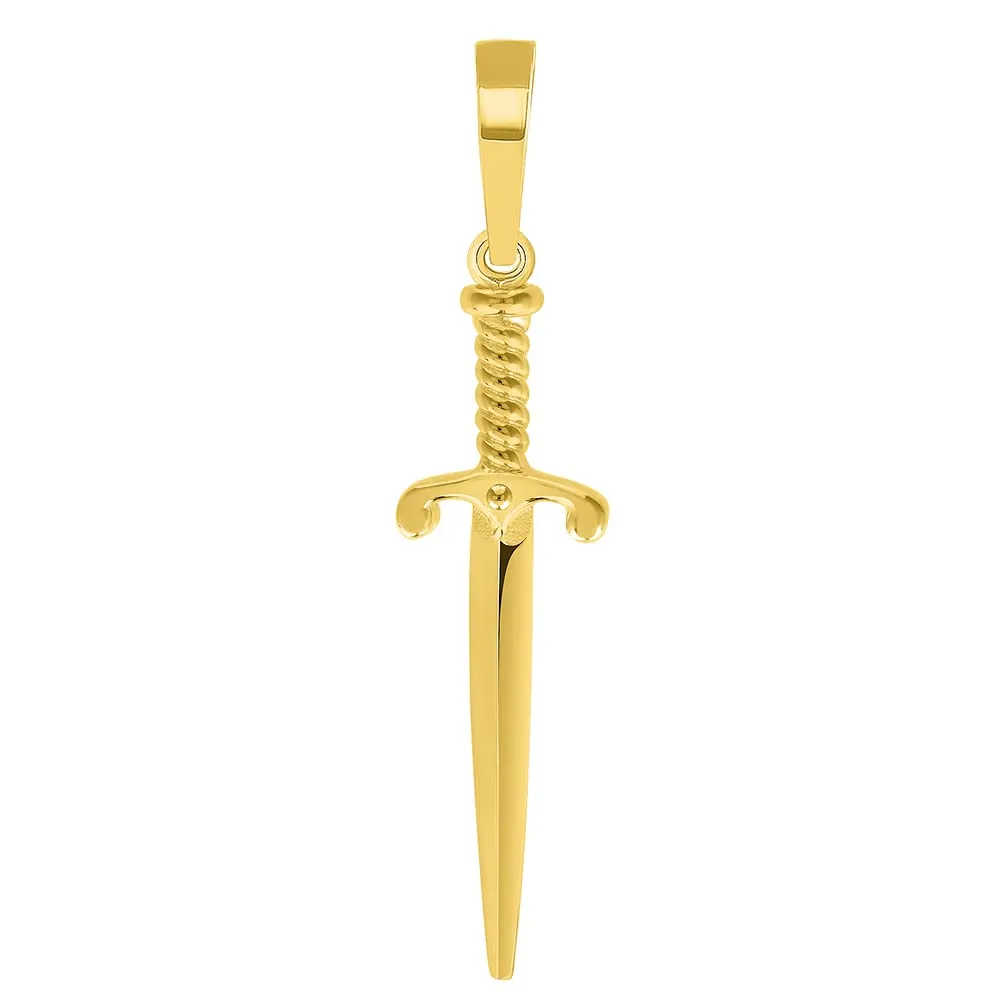 Solid 14k Yellow Gold Long Dagger Sword Pendant with Cable, Curb, or Figaro Chain Necklaces