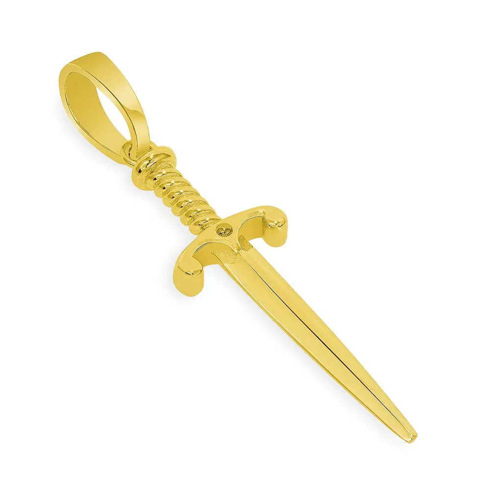 Solid 14k Yellow Gold Long Dagger Sword Pendant with Cable, Curb, or Figaro Chain Necklaces