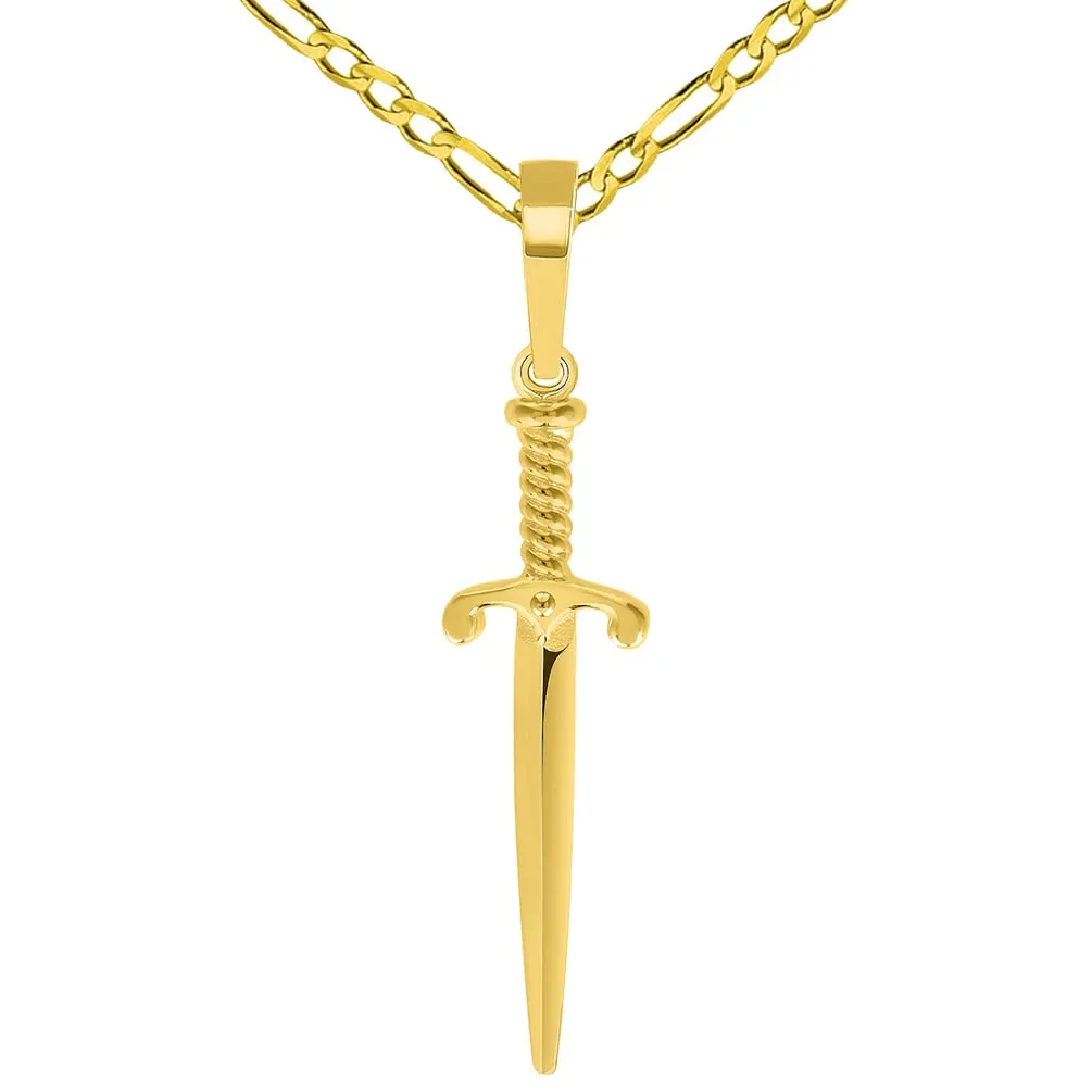 Solid 14k Yellow Gold Long Dagger Sword Pendant with Cable, Curb, or Figaro Chain Necklaces