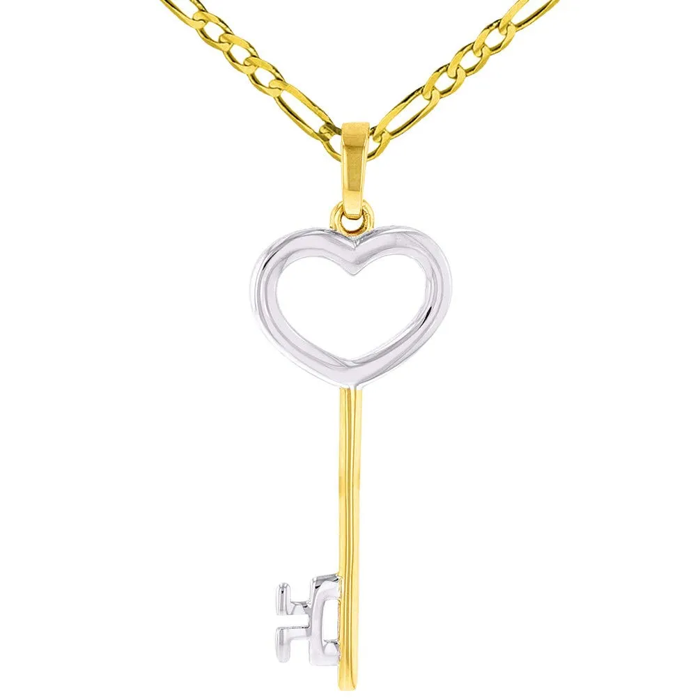 Solid 14K Yellow Gold Open Key to My Heart Love Pendant with Figaro Chain Necklace