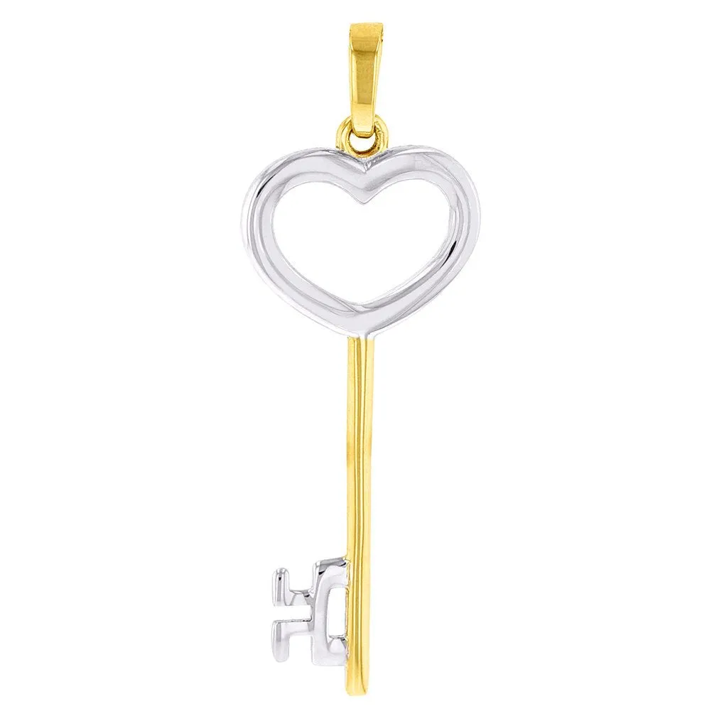 Solid 14K Yellow Gold Open Key to My Heart Love Pendant with Figaro Chain Necklace