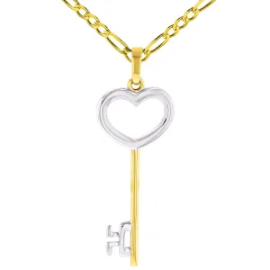 Solid 14K Yellow Gold Open Key to My Heart Love Pendant with Figaro Chain Necklace