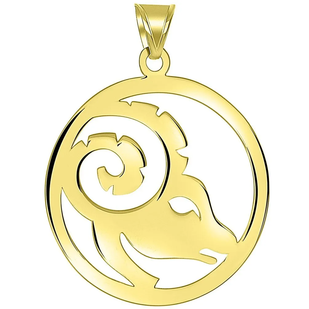 Solid 14k Yellow Gold Round Aries Zodiac Sign Cut-Out Ram Head Pendant with Cuban Chain Necklace