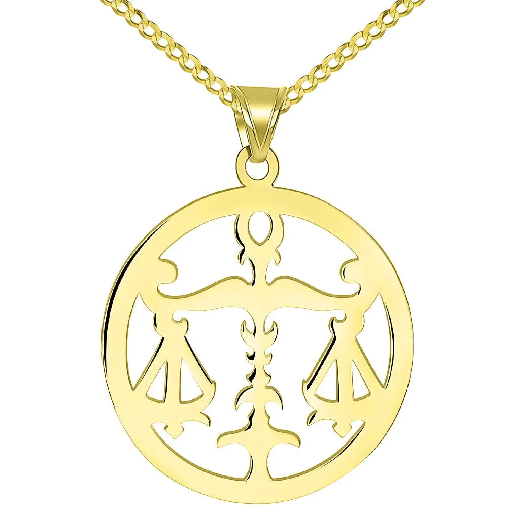 Solid 14k Yellow Gold Round Libra Zodiac Sign Scale Disc Pendant with Cuban Chain Necklace