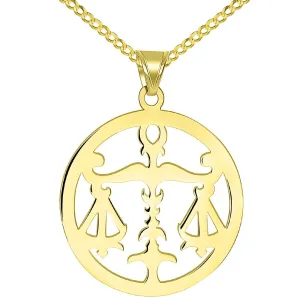 Solid 14k Yellow Gold Round Libra Zodiac Sign Scale Disc Pendant with Cuban Chain Necklace