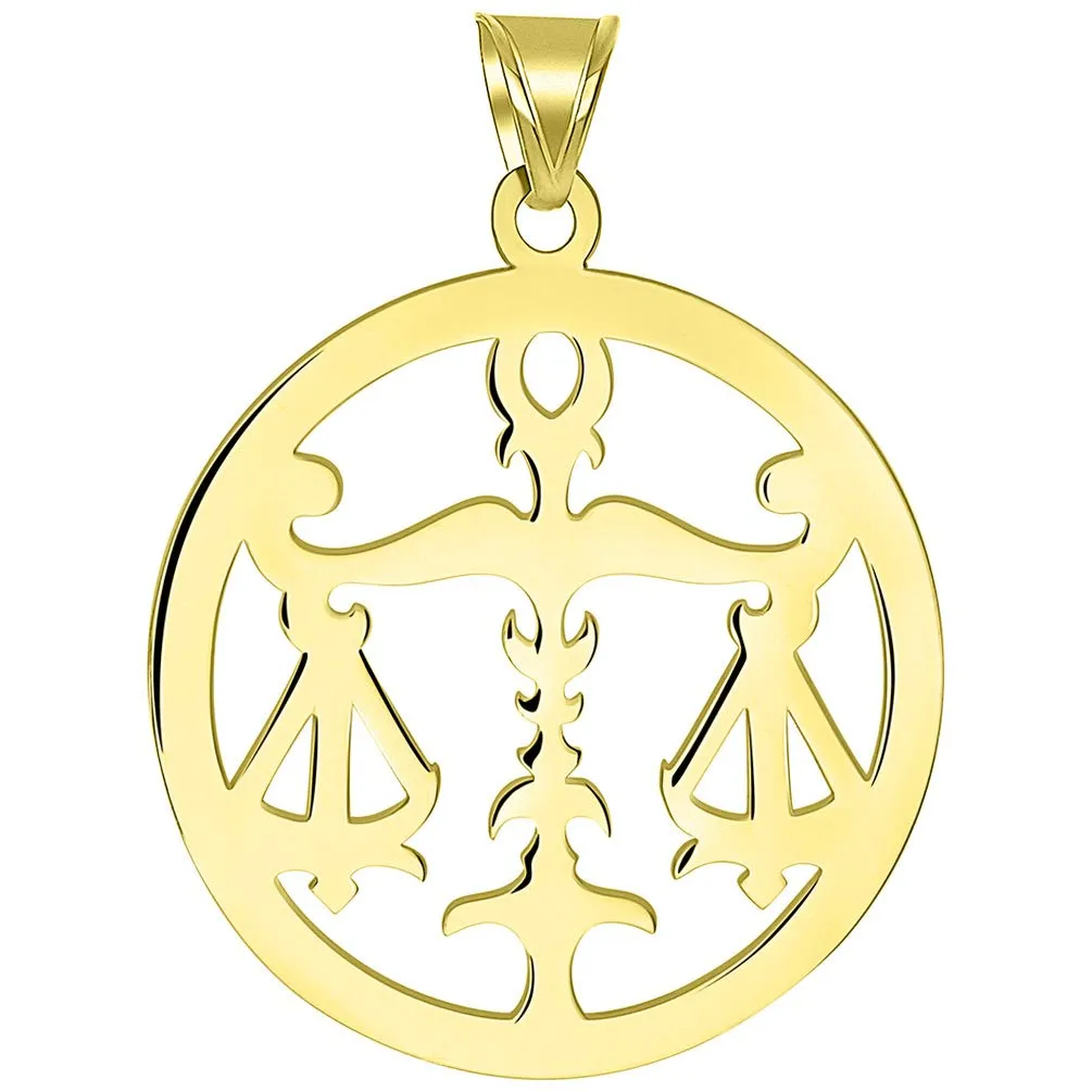 Solid 14k Yellow Gold Round Libra Zodiac Sign Scale Disc Pendant with Cuban Chain Necklace