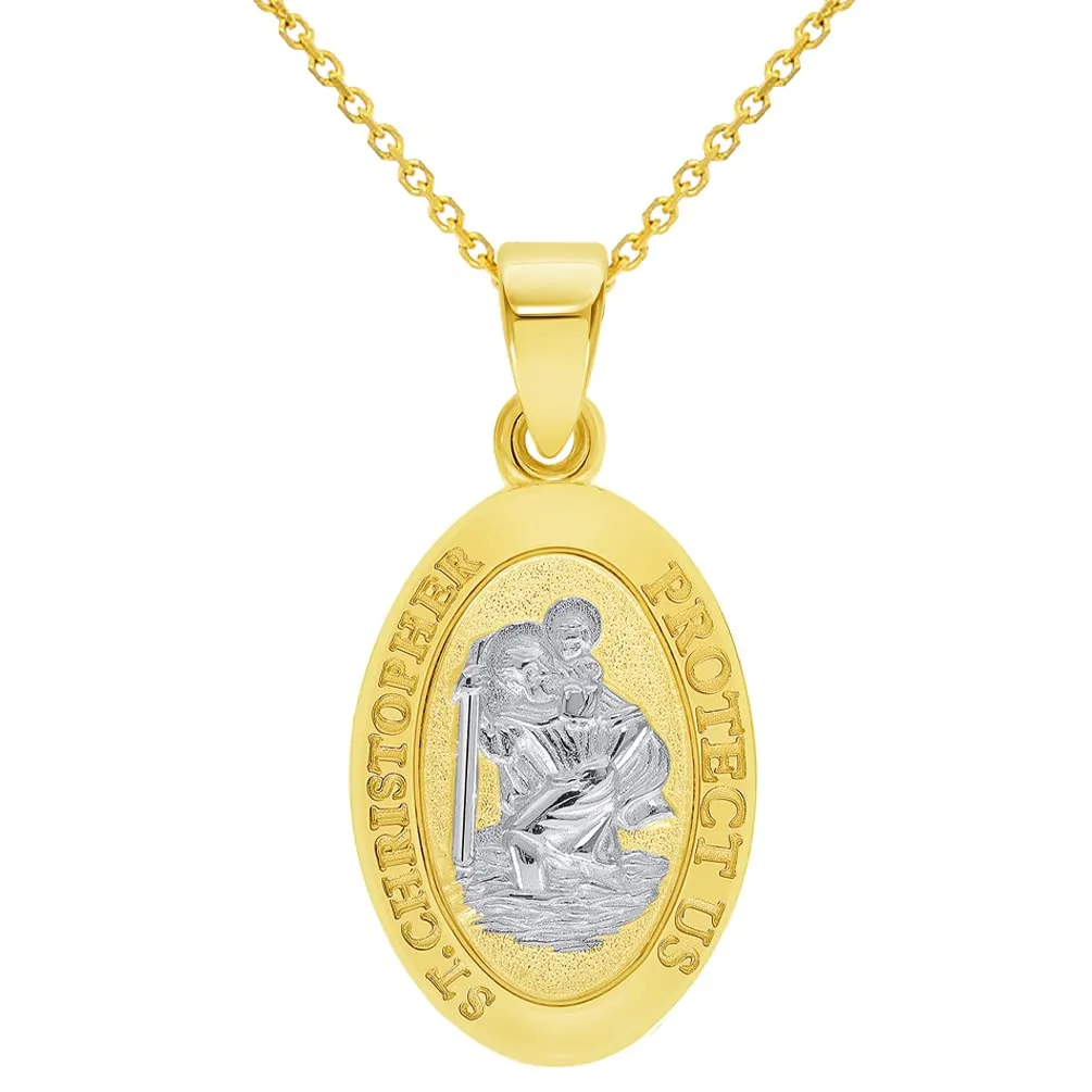 Solid 14k Yellow Gold Small Classic Miraculous Medallion of St. Christopher Pendant with Cable, Curb, or Figaro Chain Necklaces