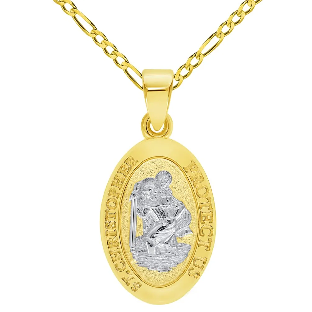 Solid 14k Yellow Gold Small Classic Miraculous Medallion of St. Christopher Pendant with Cable, Curb, or Figaro Chain Necklaces