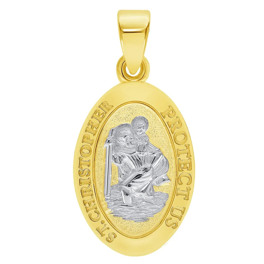 Solid 14k Yellow Gold Small Classic Miraculous Medallion of St. Christopher Pendant with Cable, Curb, or Figaro Chain Necklaces