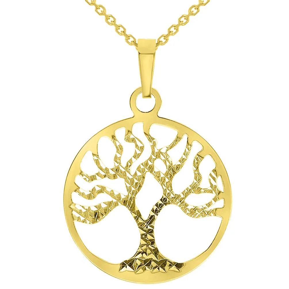 Solid 14k Yellow Gold Textured Reversible Round Tree of Life Pendant Necklace Available with Rolo, Curb, or Figaro Chain